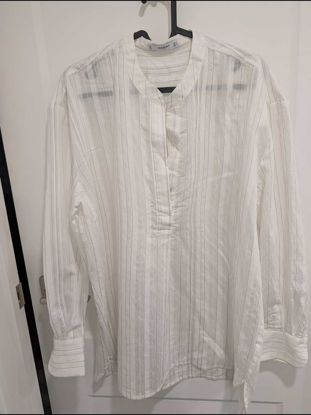 Mango Sheer White Pinstripe Band-Collar Casual Button-Down Shirt